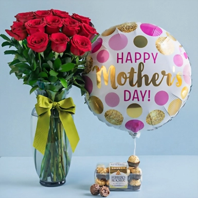 Regalo 12 Rosas Rojas con Globo y Chocolates 3147