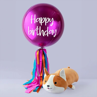 Globo Esfera Magenta "Happy Birthday" y Bimba Corgi de Peluche 11472