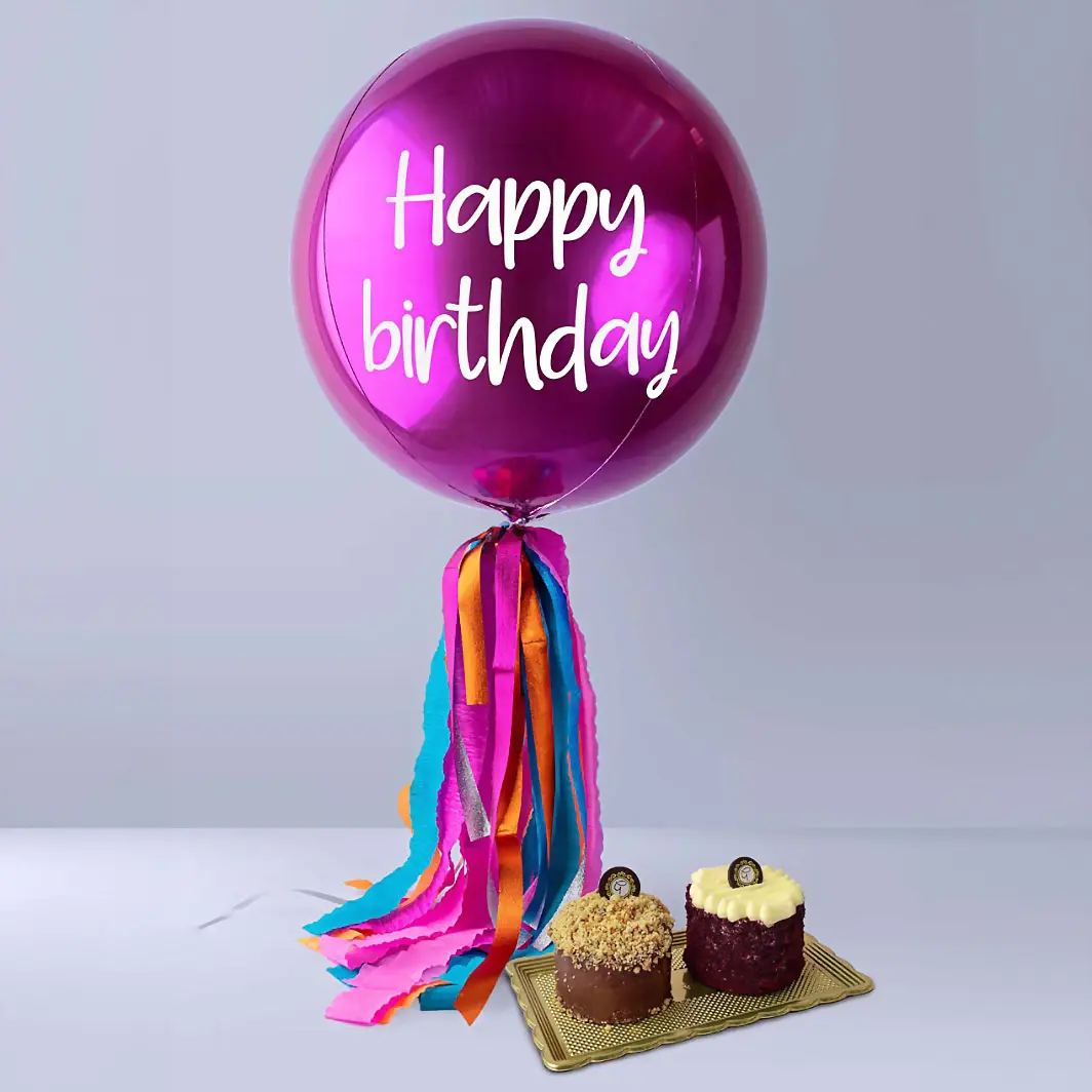 Globo Esfera Magenta "Happy Birthday" y Pastel Red Velvet y Plátano Individual 11888
