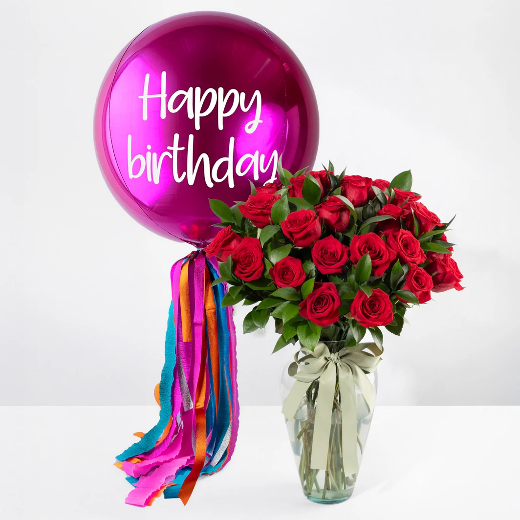 Globo Esfera Magenta "Happy Birthday" y 24 rosas 12568