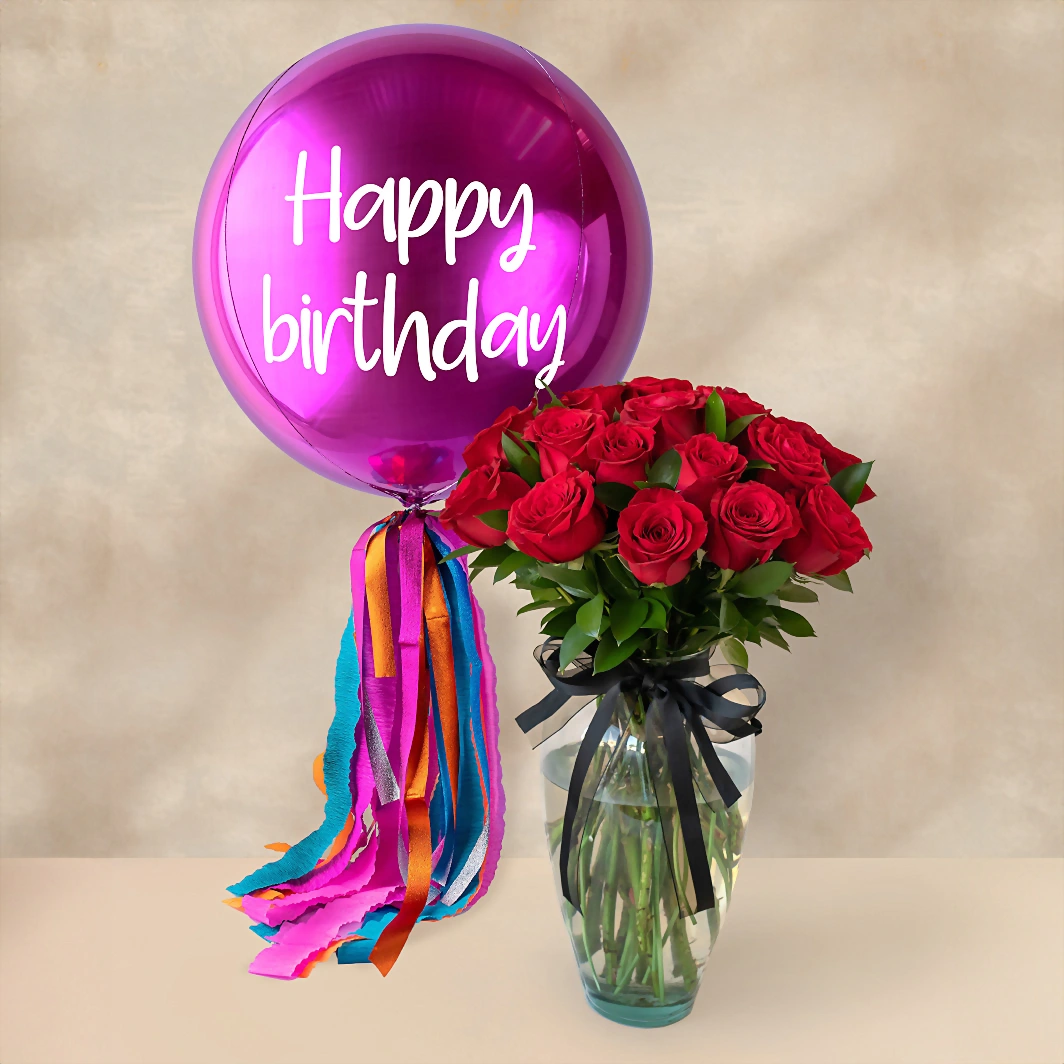 Globo Esfera Magenta "Happy Birthday" y 24 rosas 12568