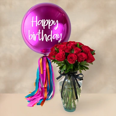 Globo Esfera Magenta "Happy Birthday" y 24 rosas 12568