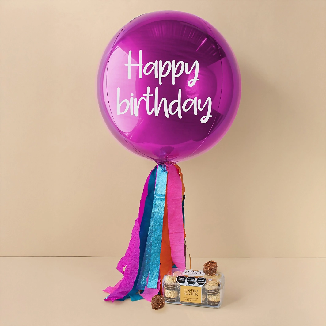 Globo Esfera Magenta "Happy Birthday" y  Chocolates Ferrero 16 pz 12748