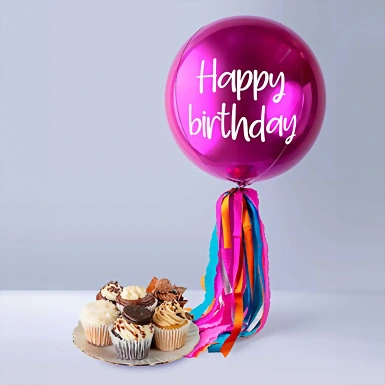 Globo Esfera Magenta "Happy Birthday" y Bollos Magnolias 13781