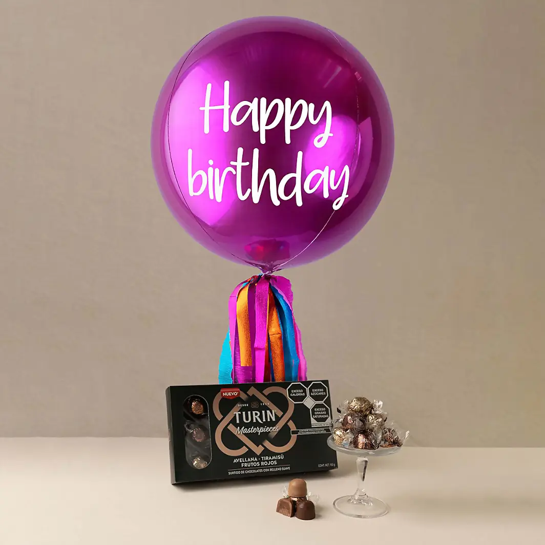 Turin Masterpieces con Globo Esfera Magenta  "Happy Birthday" 14355