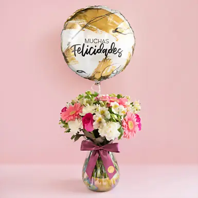 Globo Felicidades y Arreglo de Gerberas y Rosas 16305