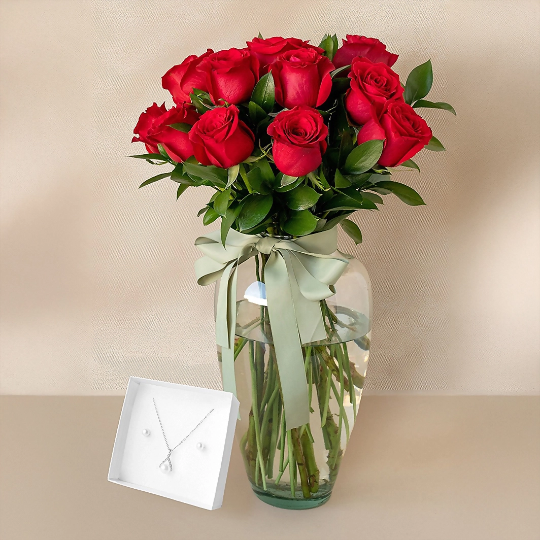 Kit Collar y aretes de Perla con 12 Rosas 16609