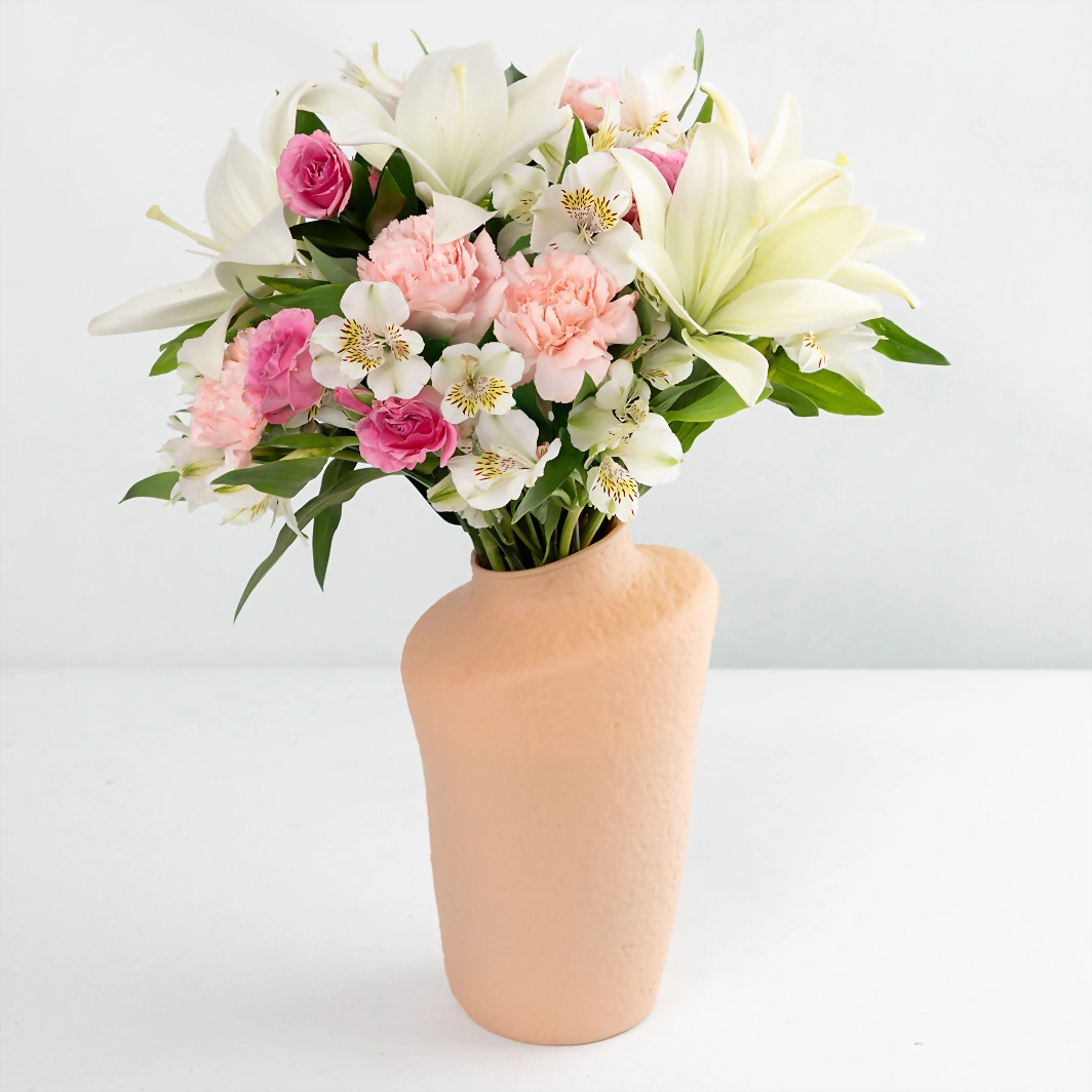 White Lilies and Mini Roses in Beige Vase 18138