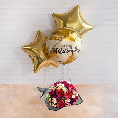 Arreglo de Globos "Muchas Felicidades" con Ramo de Rosas Rojas y Claveles 18584