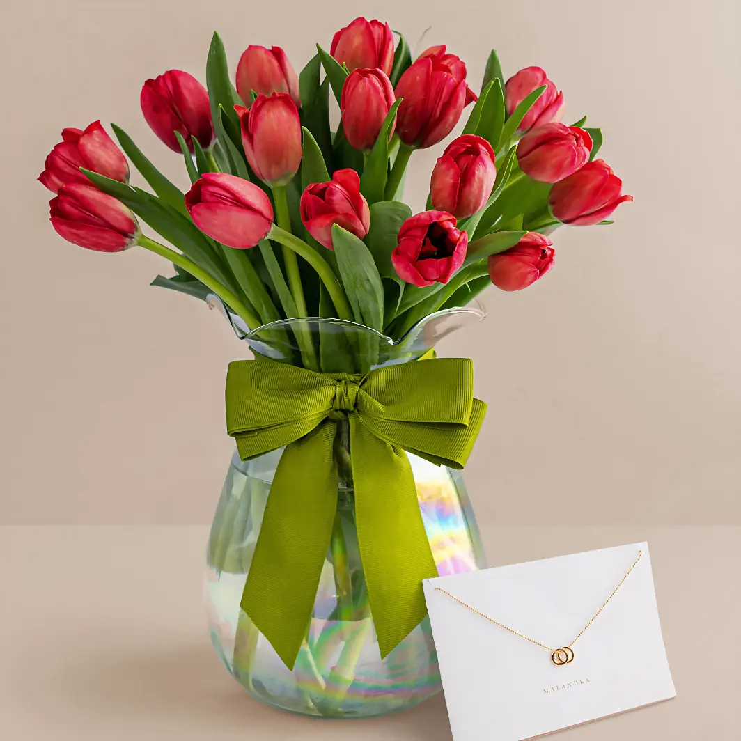15 Tulipanes Rojos en Jarrón y  Collar Ahavah Golden Malandra 18790