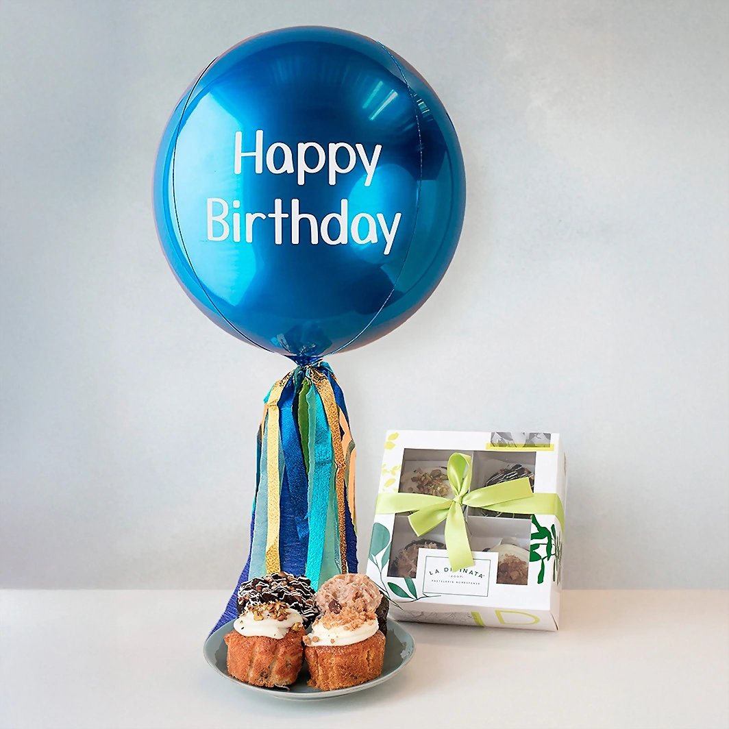 Blue Sphere Balloon "Happy Birthday” with Muffins La Divinata 19397