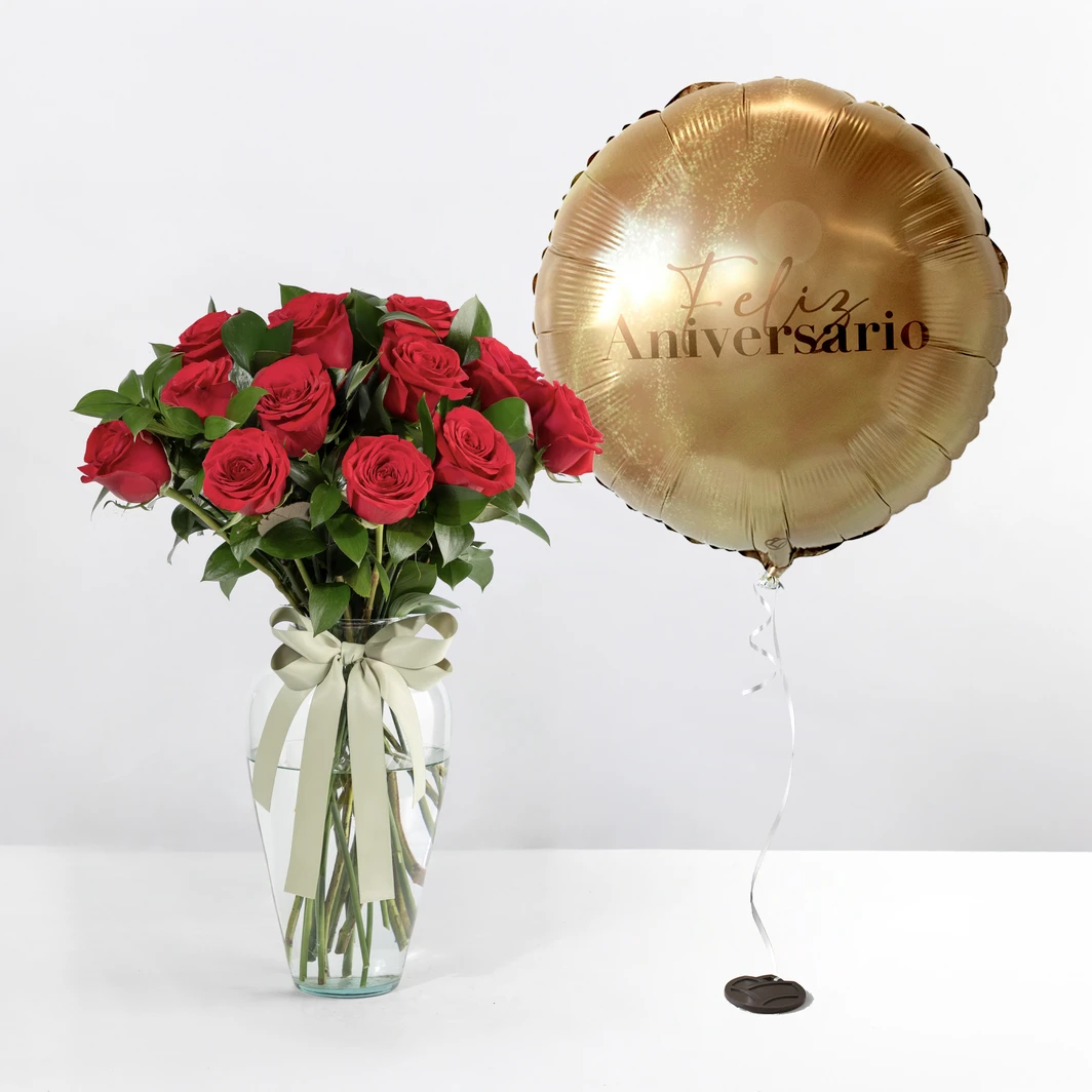 12 Red Roses with Balloon "Happy Anniversary" 20491