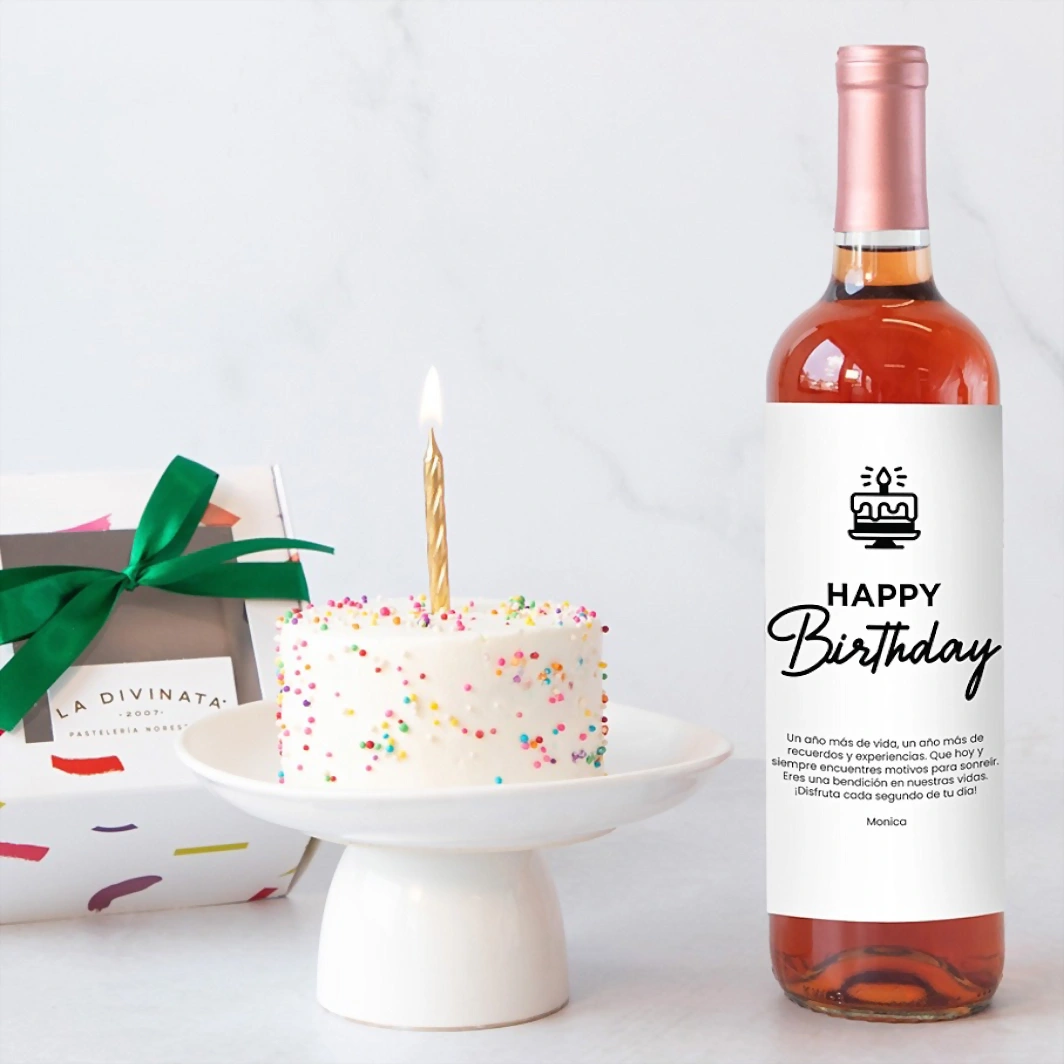 Birthday Cake Vainilla Individual con Vino Beringer Personalizado 21545