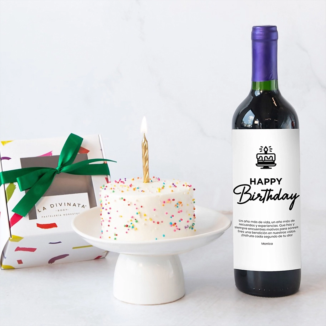Birthday Cake Vainilla Individual con Vino Concha y Toro Personalizado 21546