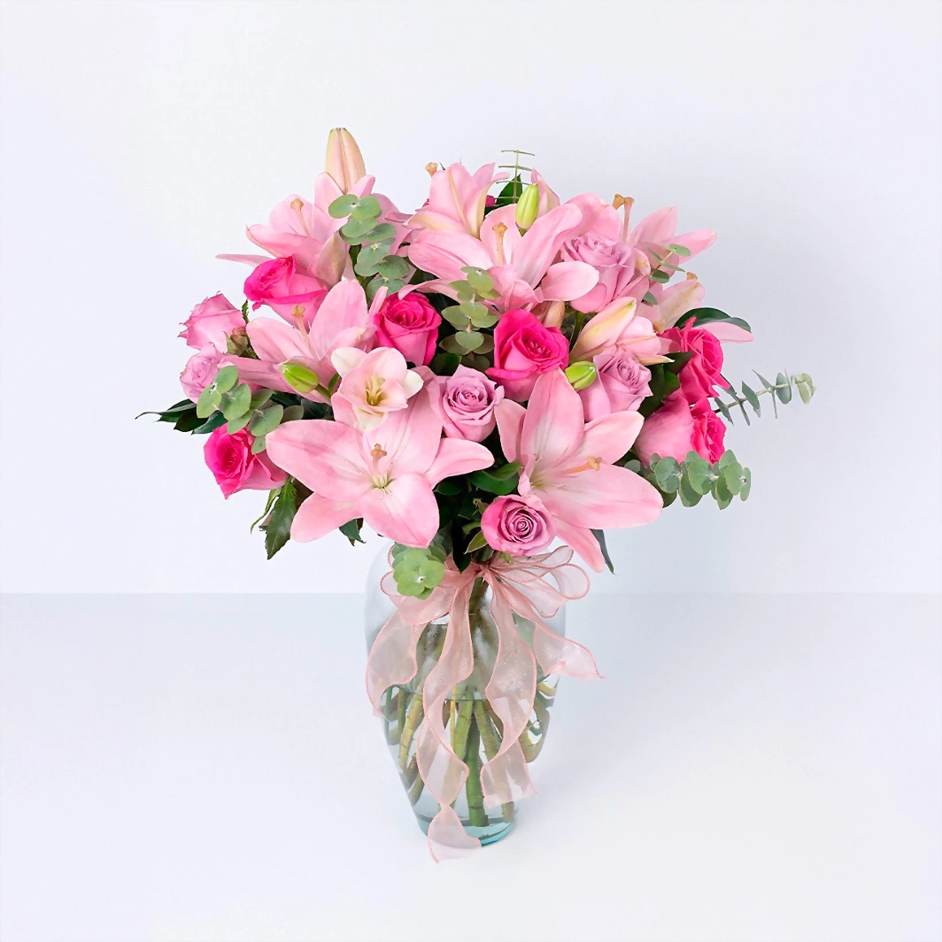 Arrangement of Roses and Fuchsia Lilies 21867