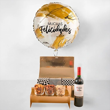 Vino Tinto con Botanas y Globo "Felicidades" 22144