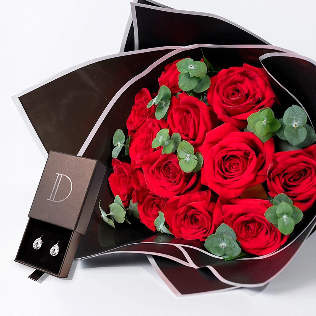 12 Rosas Rojas con Aretes Gota Cristal 22161