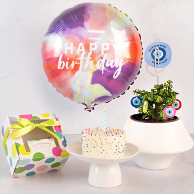 Planta de la Buena Vibra con Pastel de Cumpleaños La Divinata y Globo ''Happy Birthday'' 22779