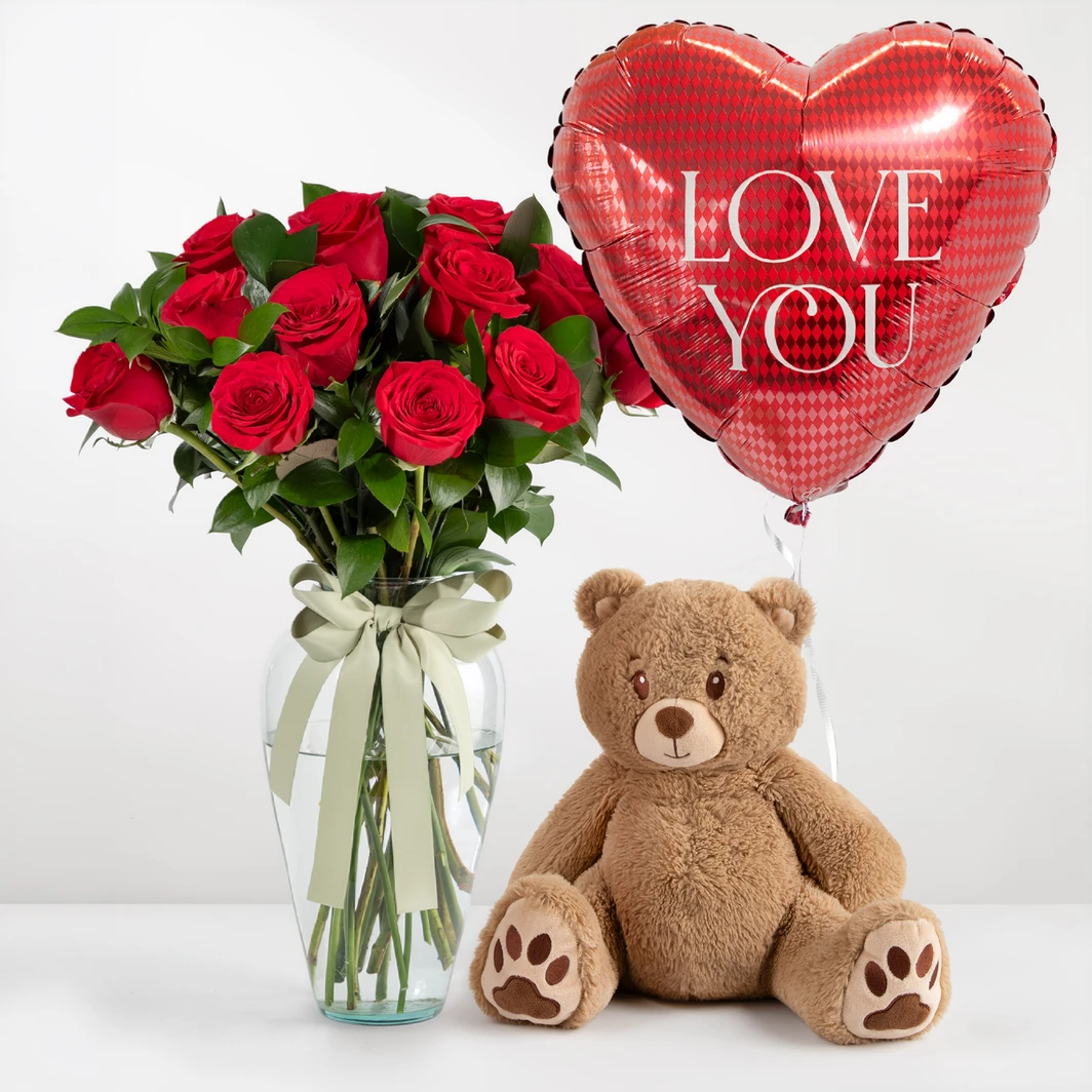 12 Rosas Rojas con Oso Peluche y Globo 22818