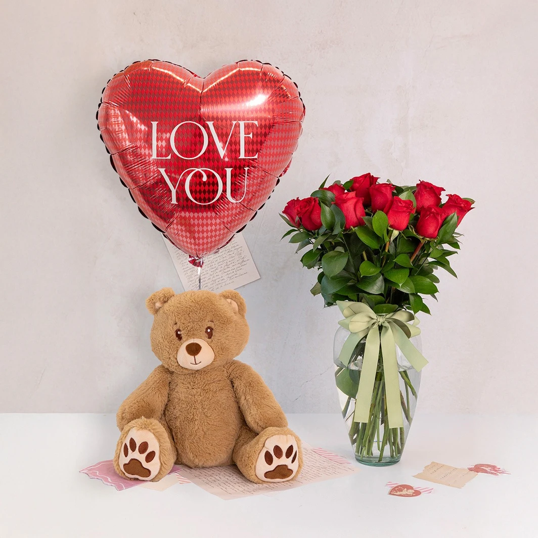 12 Rosas Rojas con Oso Peluche y Globo 22818