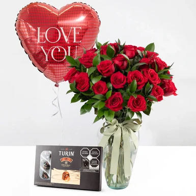 Kit 24 Rosas Rojas con Chocolates y Globo 22964