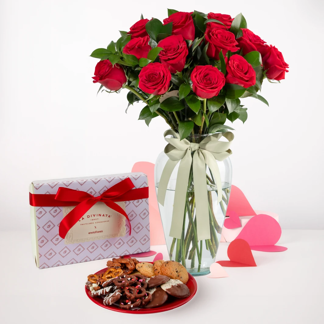 12 Rosas Rojas y Caja de Botanas San Valentín 22986