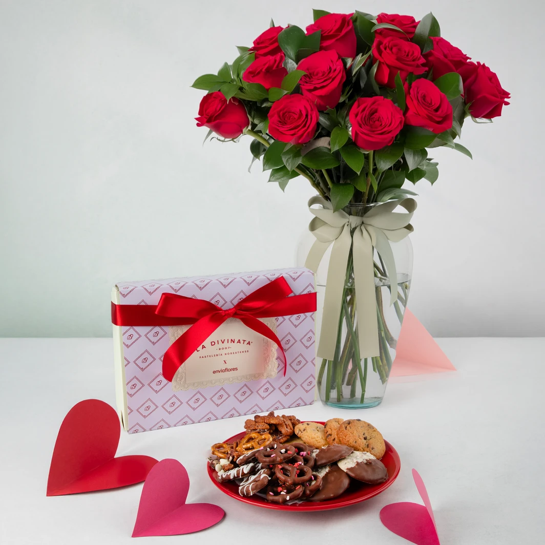 12 Rosas Rojas y Caja de Botanas San Valentín 22986