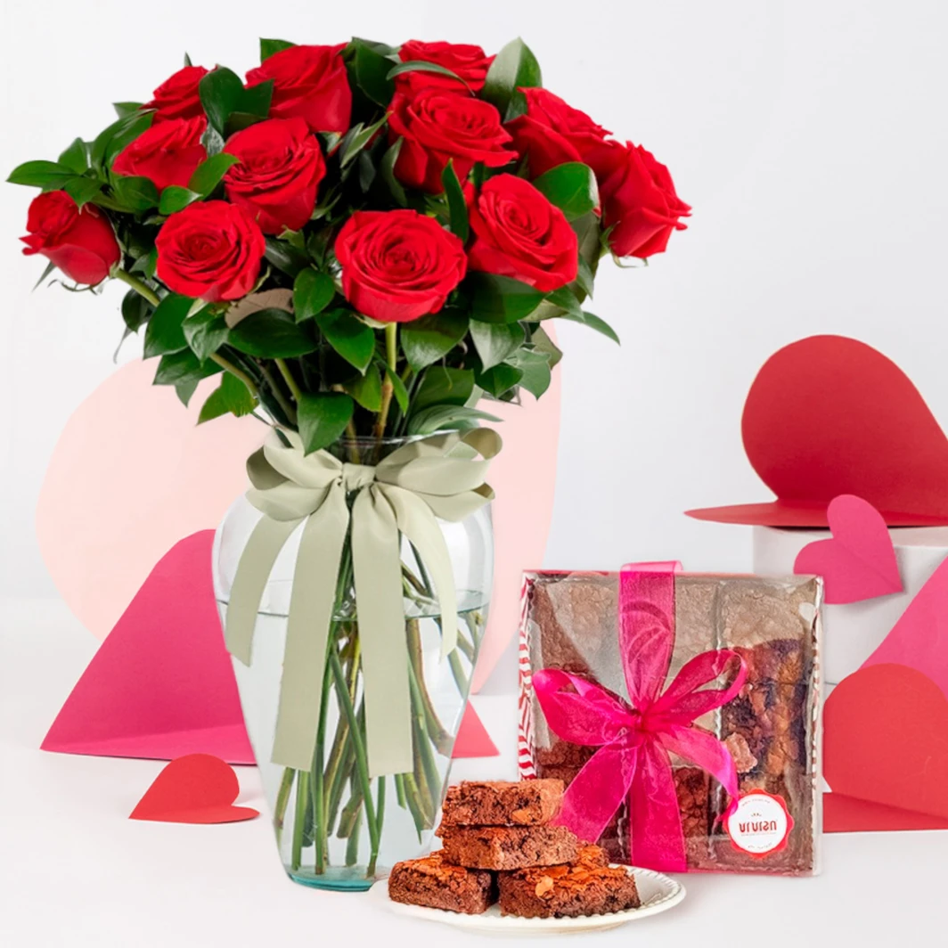 12 Rosas Rojas con Brownies 23022