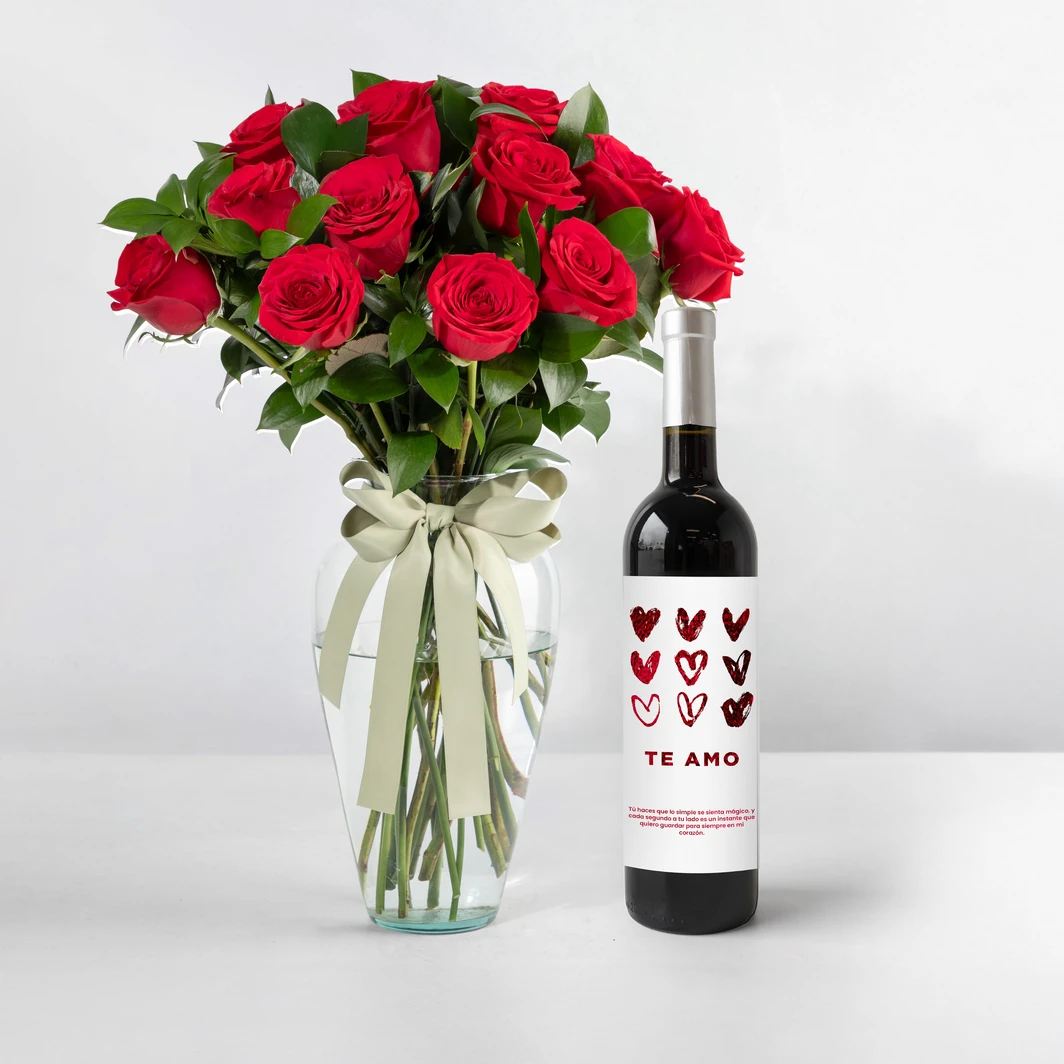 Personaliza Vino 3V "Te amo" con 12 rosas rojas 23079