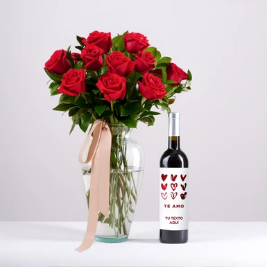 Personaliza Vino 3V "Te amo" con 12 rosas rojas 23079