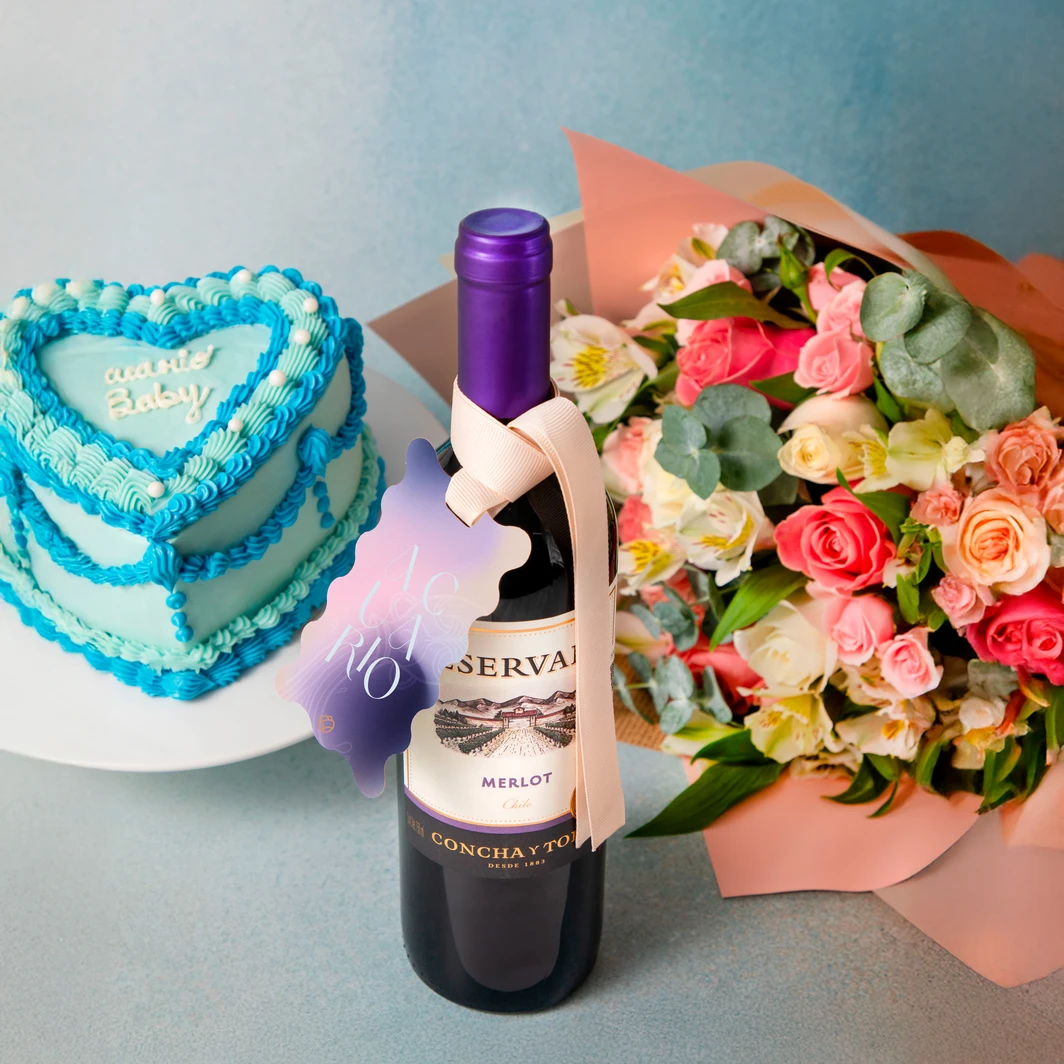 Kit Acuario con Pastel La Divinata, Flor y Vino 23086