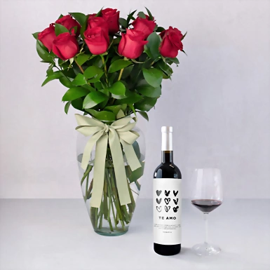 Personaliza Vino 3V "Te amo" con 12 rosas rojas 23240