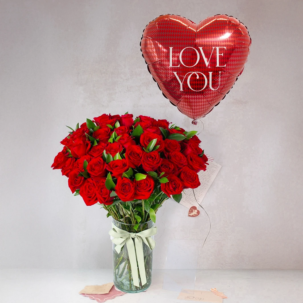 50 Rosas Rojas con Globo "Love You" 23243