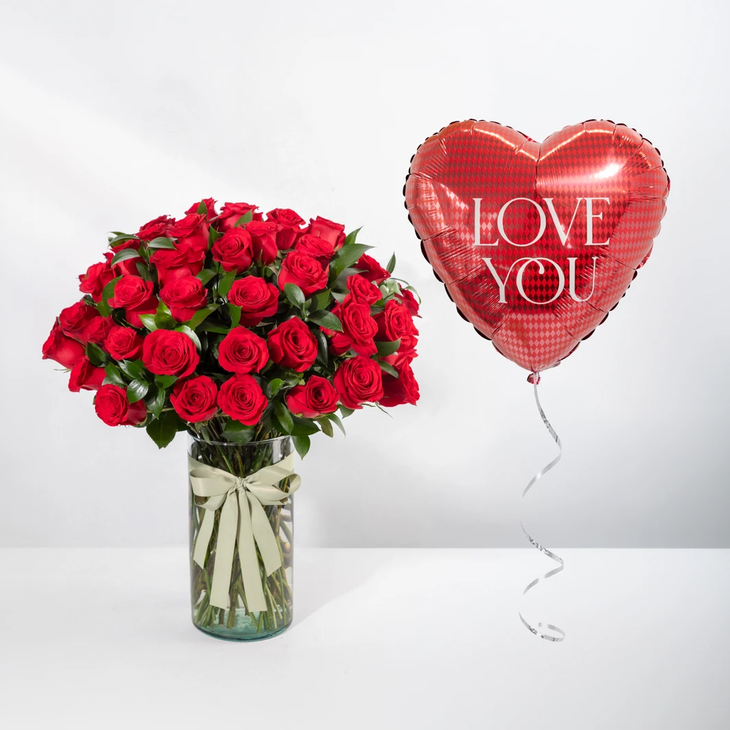 50 Rosas Rojas con Globo "Love You" 23243