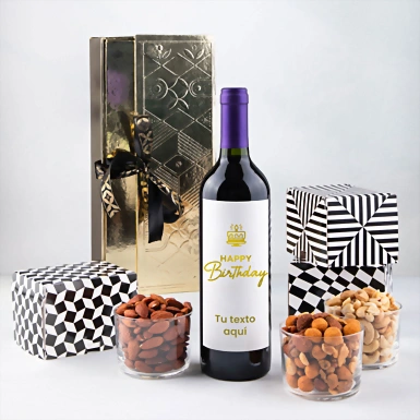 Personaliza Vino tinto con etiqueta "Happy birthday" y botanas 23258-P