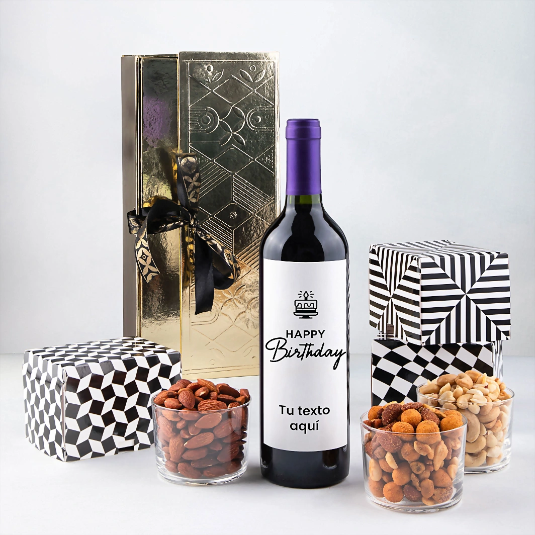 Personaliza Vino tinto con etiqueta "Happy birthday" y botanas 23261-P