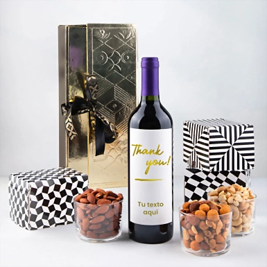 Personaliza Vino tinto con etiqueta "Thank you" y botanas 23262-P