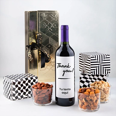 Personaliza Vino tinto con etiqueta "Thank you" y botanas 23264-P