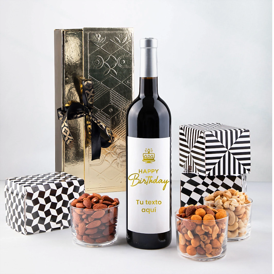 Personaliza Vino tinto con etiqueta "Happy birthday" y botanas 23265-P