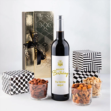 Personaliza Vino tinto con etiqueta "Happy birthday" y botanas 23265-P