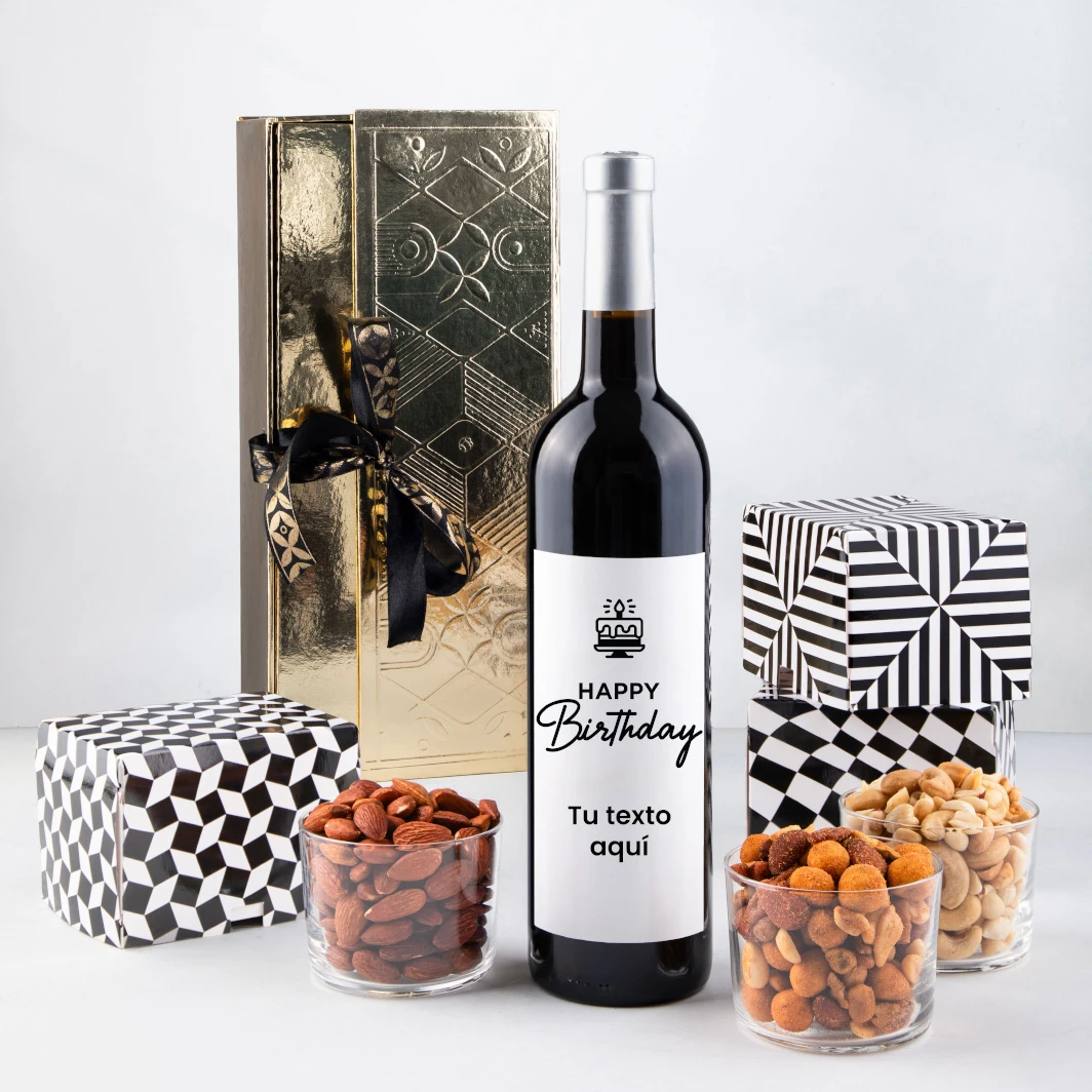 Personaliza Vino tinto con etiqueta "Happy birthday" y botanas 23268-P