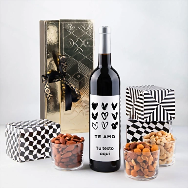 Personaliza Vino tinto con etiqueta "Te amo" y botanas 23269-P