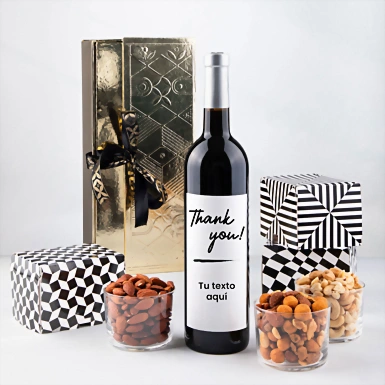 Personaliza Vino tinto con etiqueta "Thank you" y botanas 23270-P