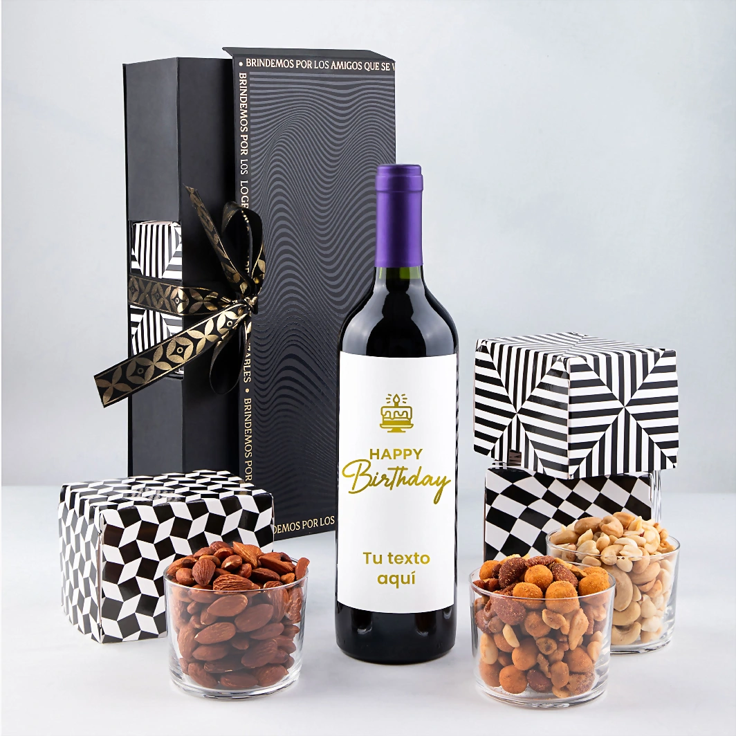 Personaliza Vino tinto con etiqueta "Happy birthday" y botanas 23271-P