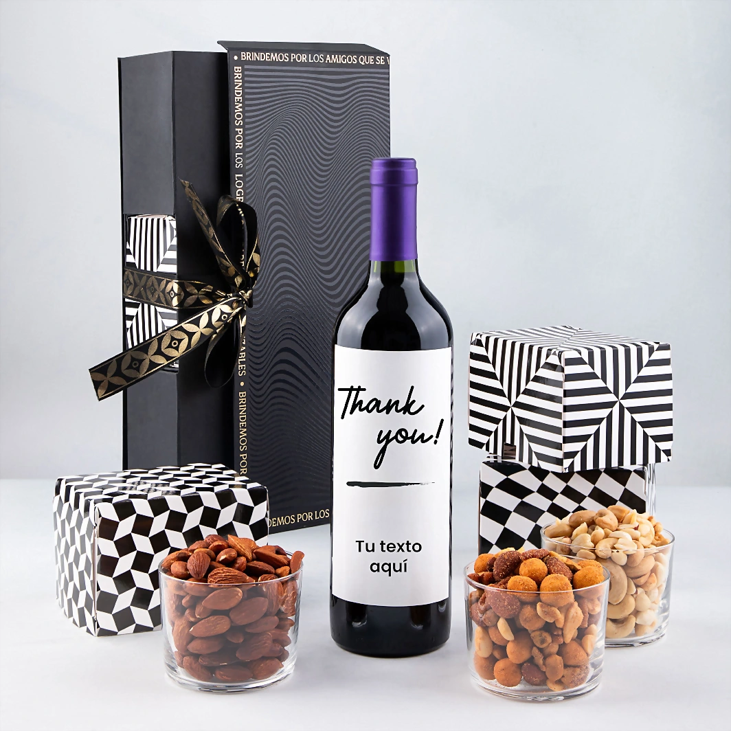Personaliza Vino tinto con etiqueta "Thank you" y botanas 23276-P