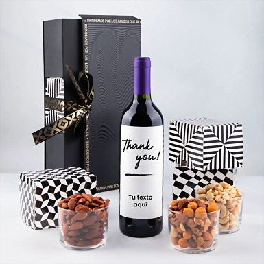Personaliza Vino tinto con etiqueta "Thank you" y botanas 23276-P