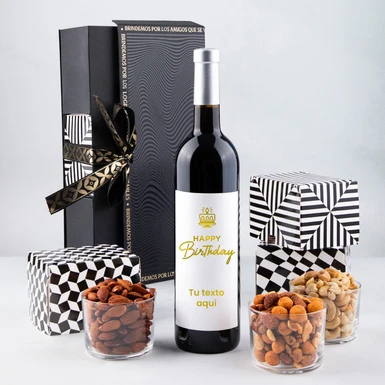 Personaliza Vino tinto con etiqueta "Happy birthday" y botanas 23277-P