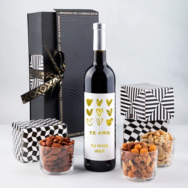 Personaliza Vino tinto con etiqueta "Te amo" y botanas 23278-P