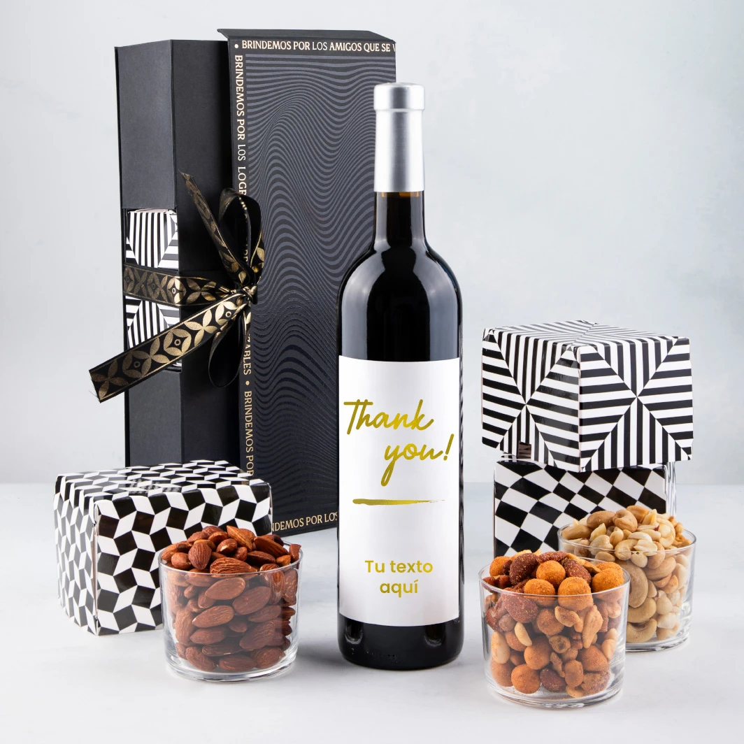 Personaliza Vino tinto con etiqueta "Thank you" y botanas 23279-P