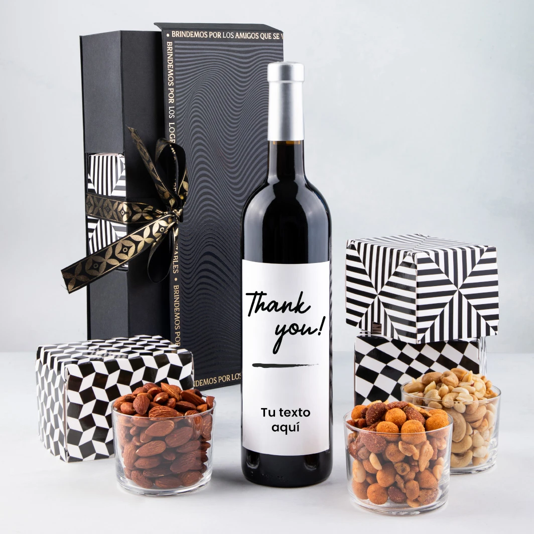Personaliza Vino tinto con etiqueta "Thank you" y botanas 23282-P